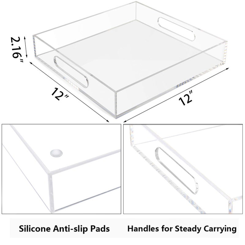 Tasybox Acrylic Serving Tray, Clear Decorative Serving Trays with Handles for Kitchen Dining Room Table Ottoman Vanity Countertop 12" x 12" - Image 3