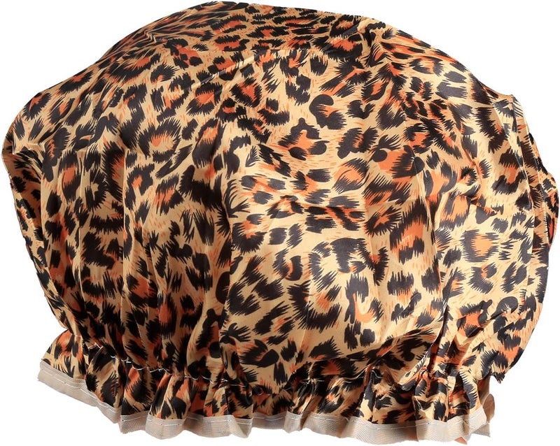 Reusable Shower Cap Double Layer Waterproof Adult Double Layer Waterproof Shower Cap Kitchen Makeup Head Cover for Hair Washing and BathingLeopard Print with Red Trim