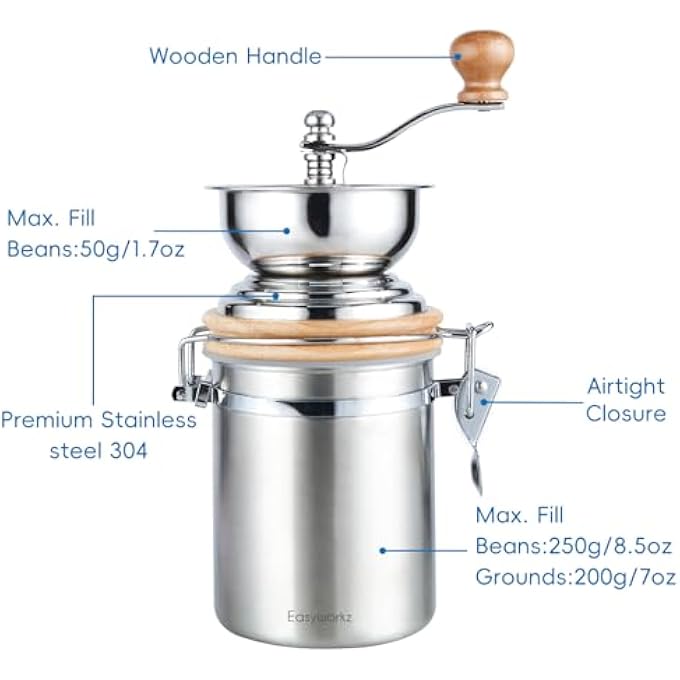 EASYWORKZ Manual Coffee Grinder  Adjustable Settings Airtight Canister  Coffee Bean Mill Tool For Kitchen Hand Crank Coffee Grinder - Image 2