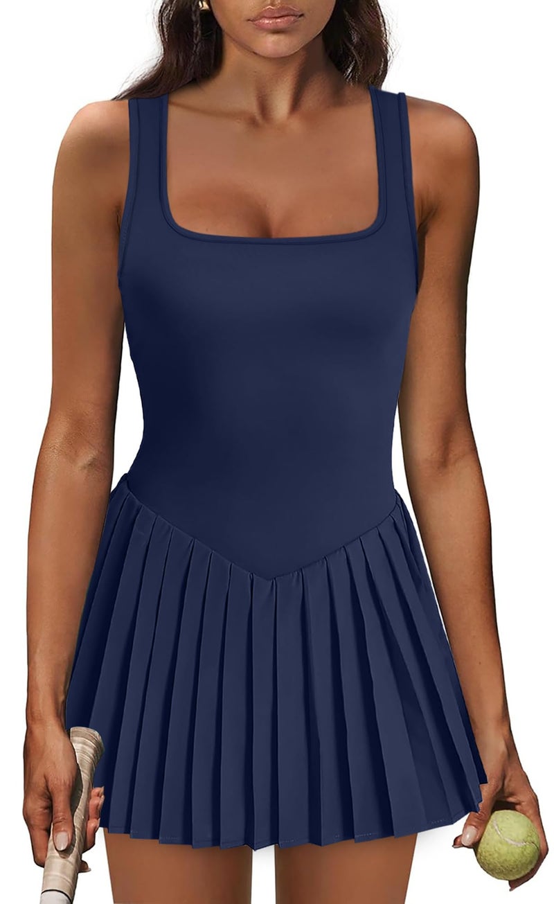 NIASHOT Tennis Dresses for Women with Shorts Womens Summer Dresses 2026 Pleated Skirts Cruise Outfits Athletic Dress with Pockets Navy Blue S - Image 1