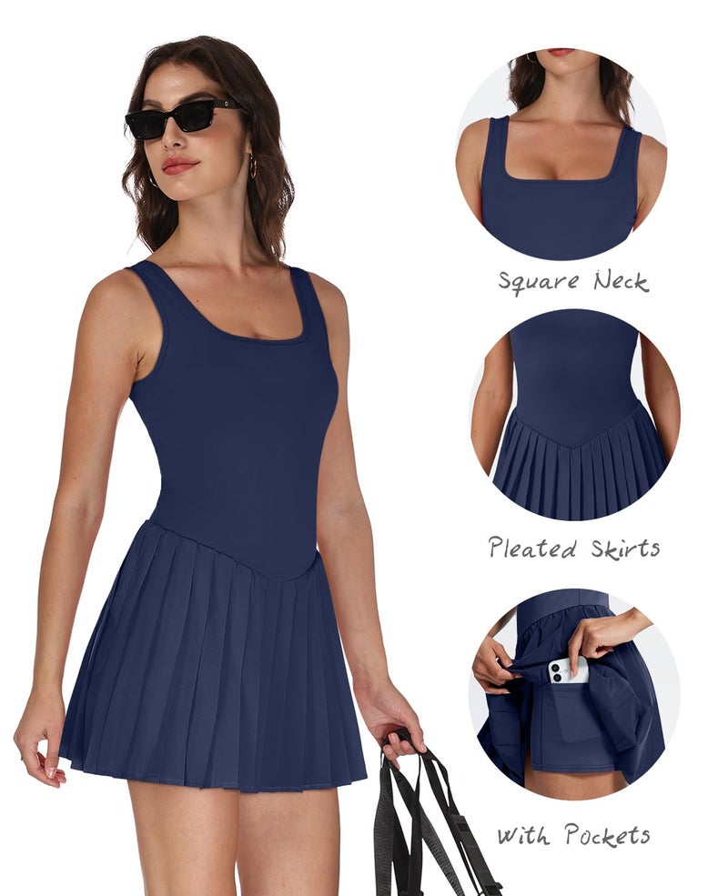 NIASHOT Tennis Dresses for Women with Shorts Womens Summer Dresses 2026 Pleated Skirts Cruise Outfits Athletic Dress with Pockets Navy Blue S - Image 3
