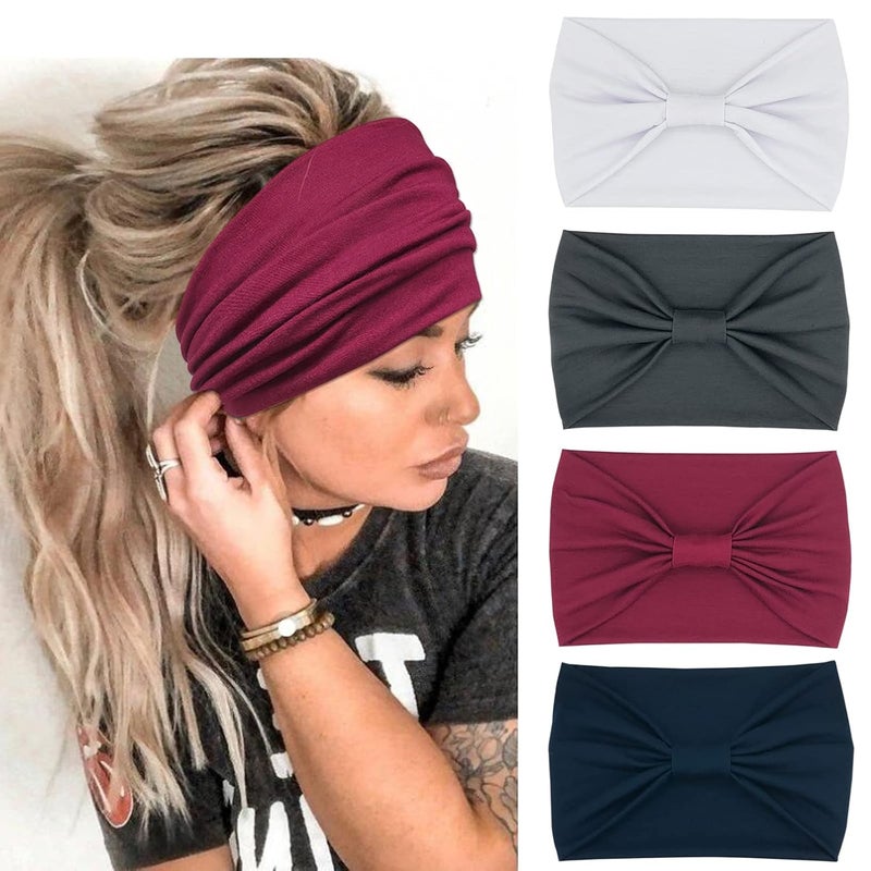YONUF Wide Boho Headbands for Women Fashion Knotted Headband Yoga Workout Hair Accessories African Head Wrap 4 Pack - Image 1
