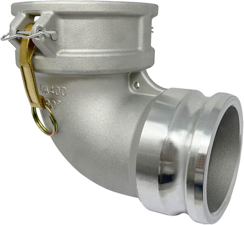 Gloxco Aluminum Type DA Cam and Groove Hose Fitting, 90 Degree Elbow, 4" Female Camlock x 4" Male Camlock (CAM-40-DA90-AL) - Image 1