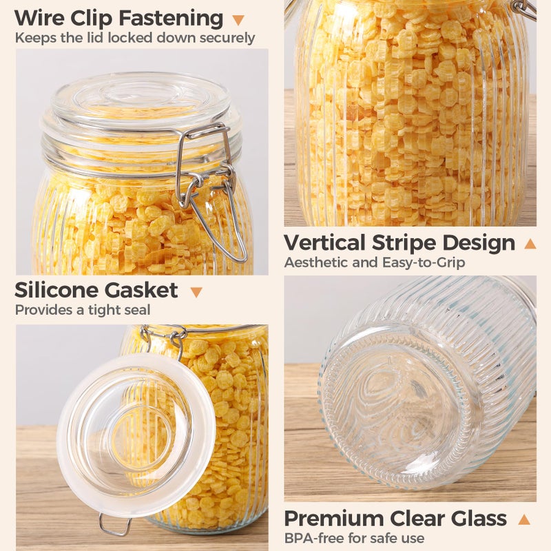 ComSaf Airtight Glass jar with lid 37oz Set of 3  Glass Storage Containers with Lids  Glass Canisters  Striped Clip Fastening Jar for Kitchen Canning  Tea  Pasta  Sugar  Beans  Cookie  Jam  Oat - Image 3