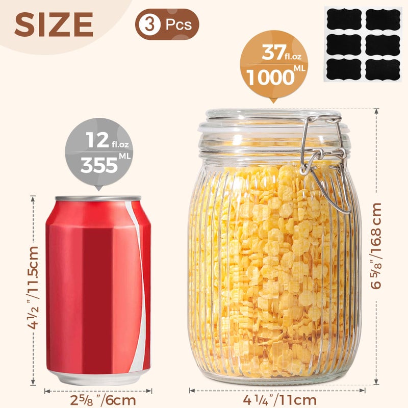 ComSaf Airtight Glass jar with lid 37oz Set of 3  Glass Storage Containers with Lids  Glass Canisters  Striped Clip Fastening Jar for Kitchen Canning  Tea  Pasta  Sugar  Beans  Cookie  Jam  Oat - Image 2