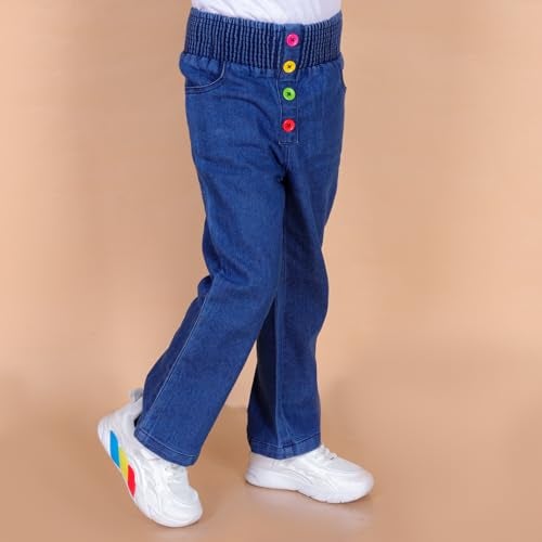 superminis Girls Straight Fit Stretchable Denim Mid Rise Jeans With Multicolor Front Buttons And Elastic Waistband (5-6 Years, Blue) - Image 4