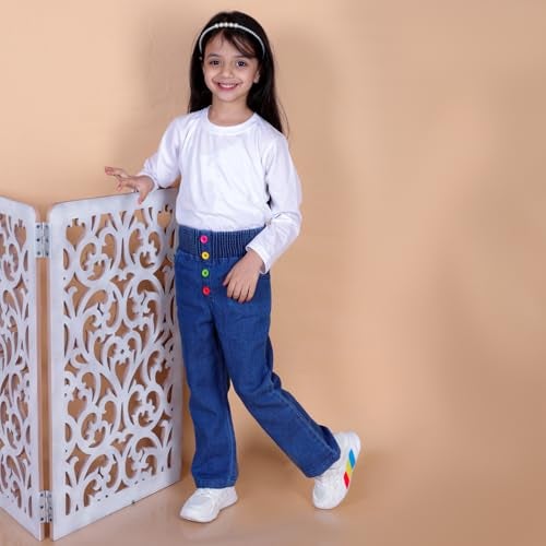 superminis Girls Straight Fit Stretchable Denim Mid Rise Jeans With Multicolor Front Buttons And Elastic Waistband (5-6 Years, Blue) - Image 2