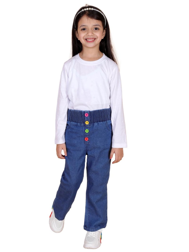 superminis Girls Straight Fit Stretchable Denim Mid Rise Jeans With Multicolor Front Buttons And Elastic Waistband (5-6 Years, Blue) - Image 1