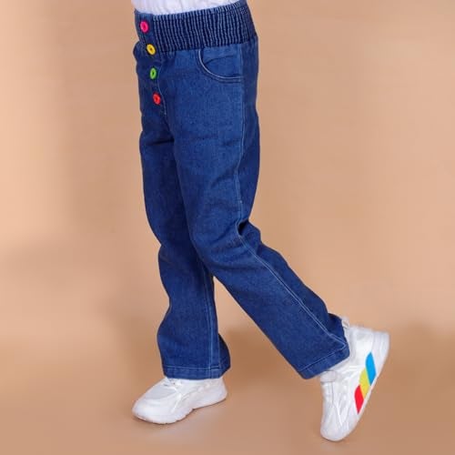 superminis Girls Straight Fit Stretchable Denim Mid Rise Jeans With Multicolor Front Buttons And Elastic Waistband (5-6 Years, Blue) - Image 3