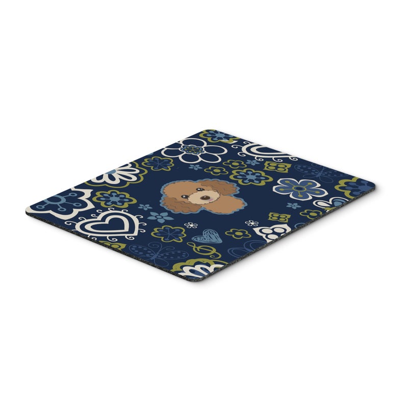 ""Blue Flowers Chocolate Brown Poodle Mouse Pad  Hot Pad or Trivet""