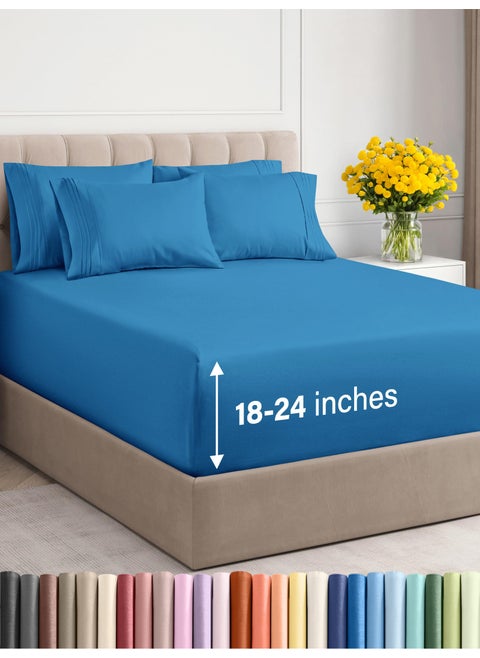 Extra Deep Queen Sheet Set  6 Piece Breathable  Cooling Sheets  Hotel Luxury Bedding Set with 1824 Inch Extra Deep Pockets  Easy Fit  Super Soft Wrinkle Free and Comfy  Denim Blue Queen Size