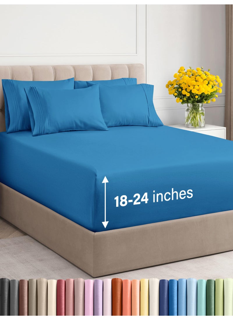 CGK Unlimited - Extra Deep Queen Sheet Set  6 Piece Breathable  Cooling Sheets  Hotel Luxury Bedding Set with 1824 Inch Extra Deep Pockets  Easy Fit  Super Soft Wrinkle Free and Comfy  Denim Blue Queen Size - Image 1
