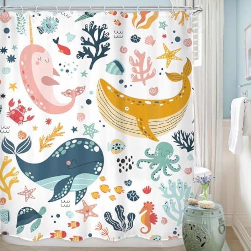 LGhtyro Kids Whale Shower Curtain Bathroom Sets 60Wx71H Inches Fish Ocean Sealife Underwater Coral Starfish Cute Cartoon Unisex Neutral Bath Accessories for Boys Girls Home Decor Fabric 12 Pack Hooks - Image 1