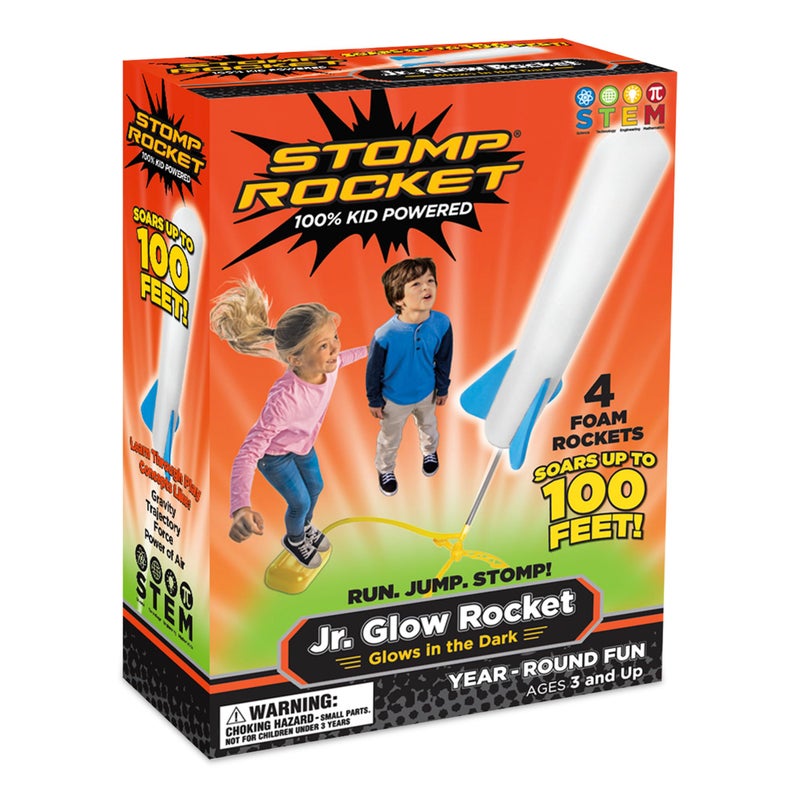 Stomp Rocket قاذف صواريخ ستومب روكيت جونيور المتوهج للأطفال، 7 صواريخ - متعة تتألق في الظلام لألعاب الأطفال في الفناء الخلفي والهواء الطلق - مجموعة مسدس فوم ناعم - قاعدة قاذف قابلة للتعديل لعدة لاعبين - Image 1