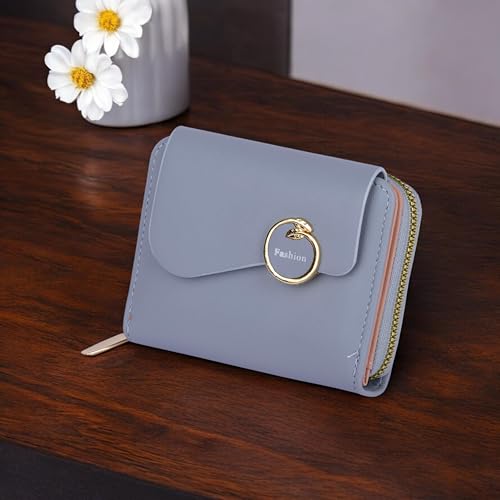 PRANIJ Small Leather Bifold Wallet for Women Fashion Compact Slim Credit Card Holder with Zipper Coin Pocket, Mini Clutch Purse for Girls (Pale Blue) - Image 2
