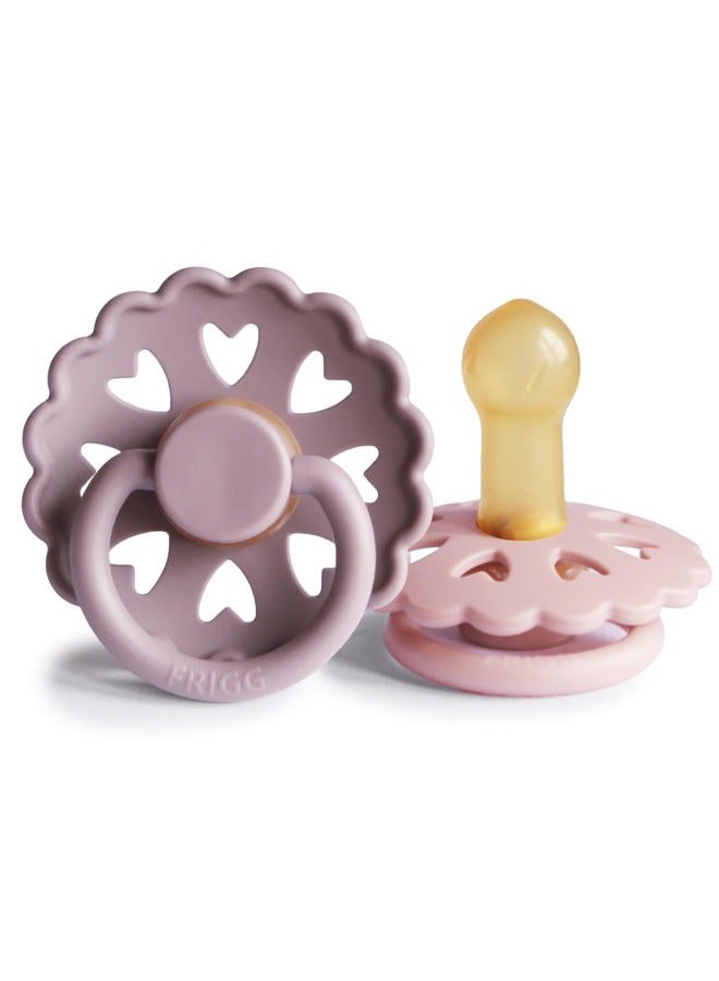 FRIGG Fairytale Latex Baby Pacifier 6-18 Months | 2 Pack Soother | Round Natural Rubber Nipple with Heart Shaped Air Holes | Made In Denmark — Twilight Mauve/Primrose - Image 1