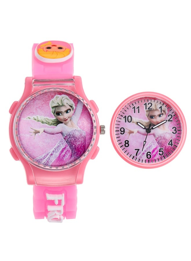 Frozen Elsa Pink Frozen Elsa Princess Cartoon Flip Cover Children's Watch (The Cover Can Turn) - Image 1