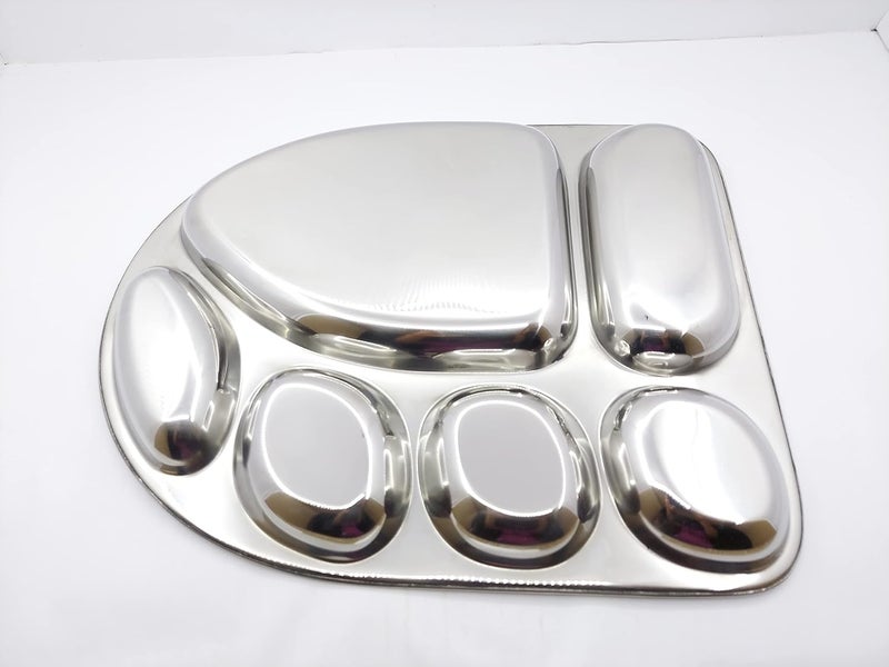 Shopeum Shopeum Stainless Steel Dinner Plate Thali with 6in1 Banana Leaf Tray MultiShaped Compartments for an Elegant Dining Experience Silver Set of 6  - Image 3