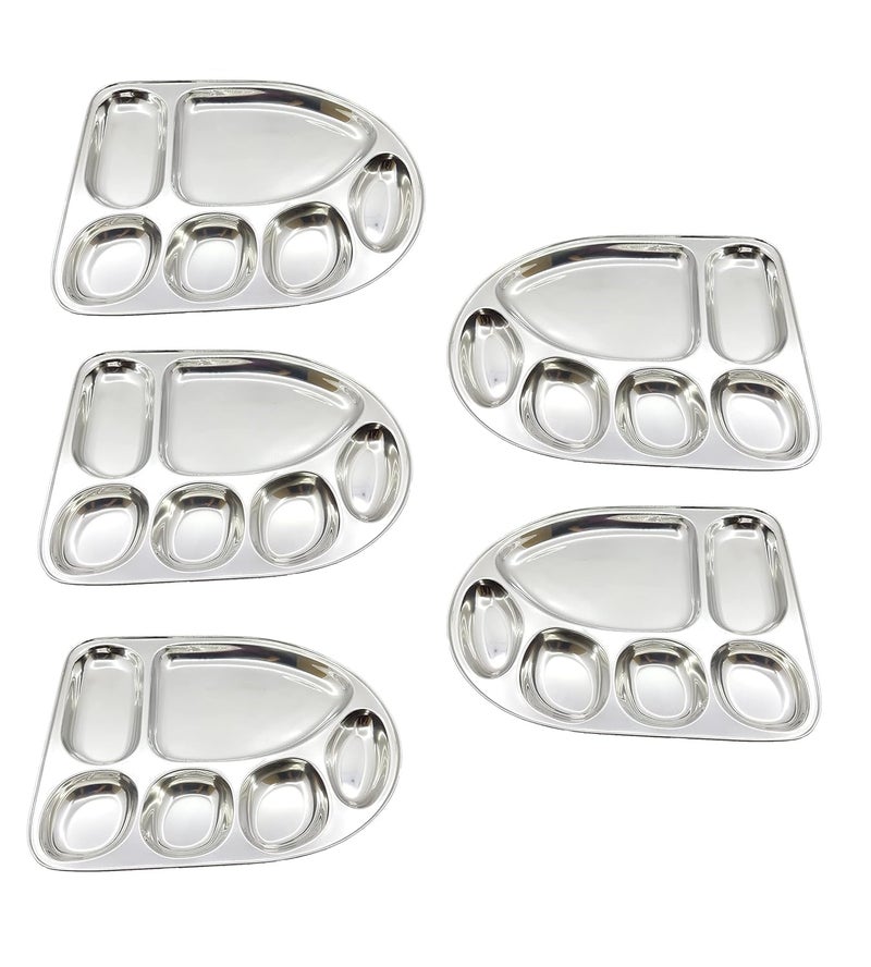 Shopeum Shopeum Stainless Steel Dinner Plate Thali with 6in1 Banana Leaf Tray MultiShaped Compartments for an Elegant Dining Experience Silver Set of 6  - Image 1