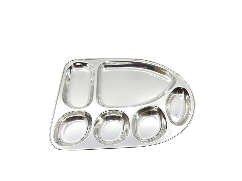 Shopeum Shopeum Stainless Steel Dinner Plate Thali with 6in1 Banana Leaf Tray MultiShaped Compartments for an Elegant Dining Experience Silver Set of 6  - Image 5