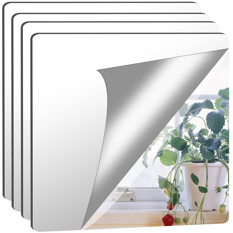 JUNEBRUSHS JUNEBRUSHS 4 Pack Self Adhesive Acrylic Mirror 12X 12 Inch Mirror TilesFlexible Plastic Mirrors Sheets Wall Stickers2MM Thick MirrorsFrameless Small Mirror 