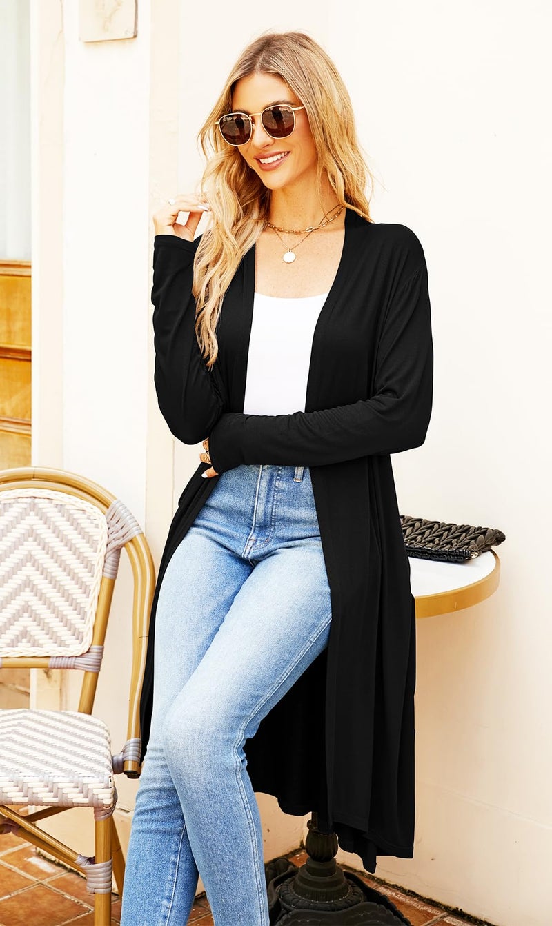 Newchoice Black Thin Cardigan Women Long Sleeve Open Front Draped Dressy Sweater Cardigan Duster with Pockets(01Black,XL)