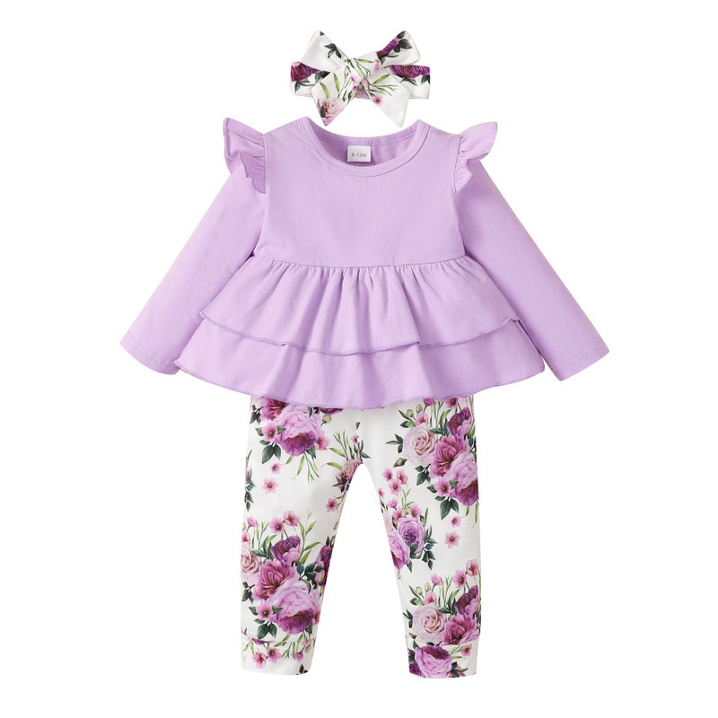 SODLON Baby Girl Clothes 1218 Months Cute Girl Outfits Ruffle Shoulder Long Sleeve Top Floral Pant Headband 18 Months Girl Clothes Baby Clothes for Girls Purple