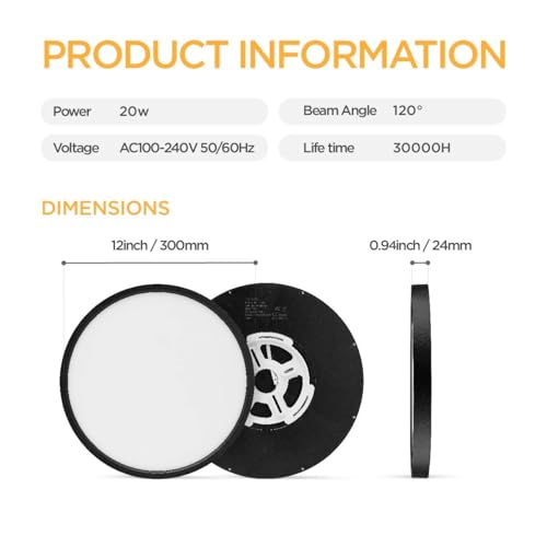 TALOYA Flush Mount LED Ceiling Light Fixture Black,12 Inch 20 Watt, Thin Ceiling Lamp Surface Mount for Kitchen Bedroom Utility Laundry Closet Room,5 Color Temperatures in One - Image 4