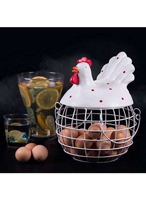 The Artment your artistic apartment The Artment your artistic apartment Rooster Round Metal Egg Basket White Set Of 1 10X10X12 Inch  - Image 1