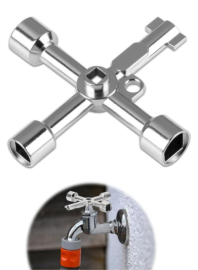 Electrical Cabinet Key, 4 Way 4 IN 1 Utilities Key Multifunctional Polished Triangle/Square/Panel Cross Key for Faucet, Gas Meter, Valve, Spigots Electrical Cabinet Plumbing Plumber Opening (Silver) - Image 1