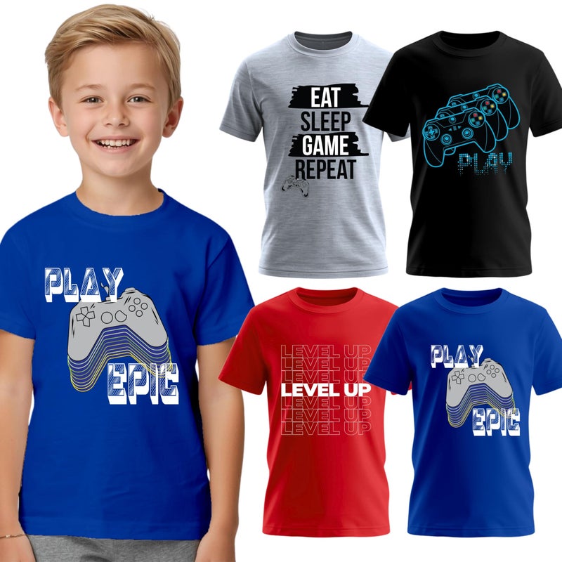 BROOKLYN VERTICAL Boys 4-Pack Short Sleeve Crew Neck T-Shirt with Chest Print | Gaming, Play, Video Gamer Prints for Sizes 6-20 Grey - Image 1