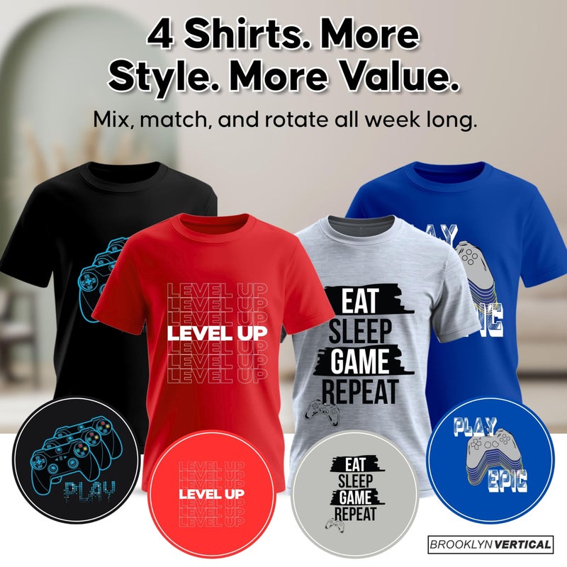 BROOKLYN VERTICAL Boys 4-Pack Short Sleeve Crew Neck T-Shirt with Chest Print | Gaming, Play, Video Gamer Prints for Sizes 6-20 Grey - Image 4
