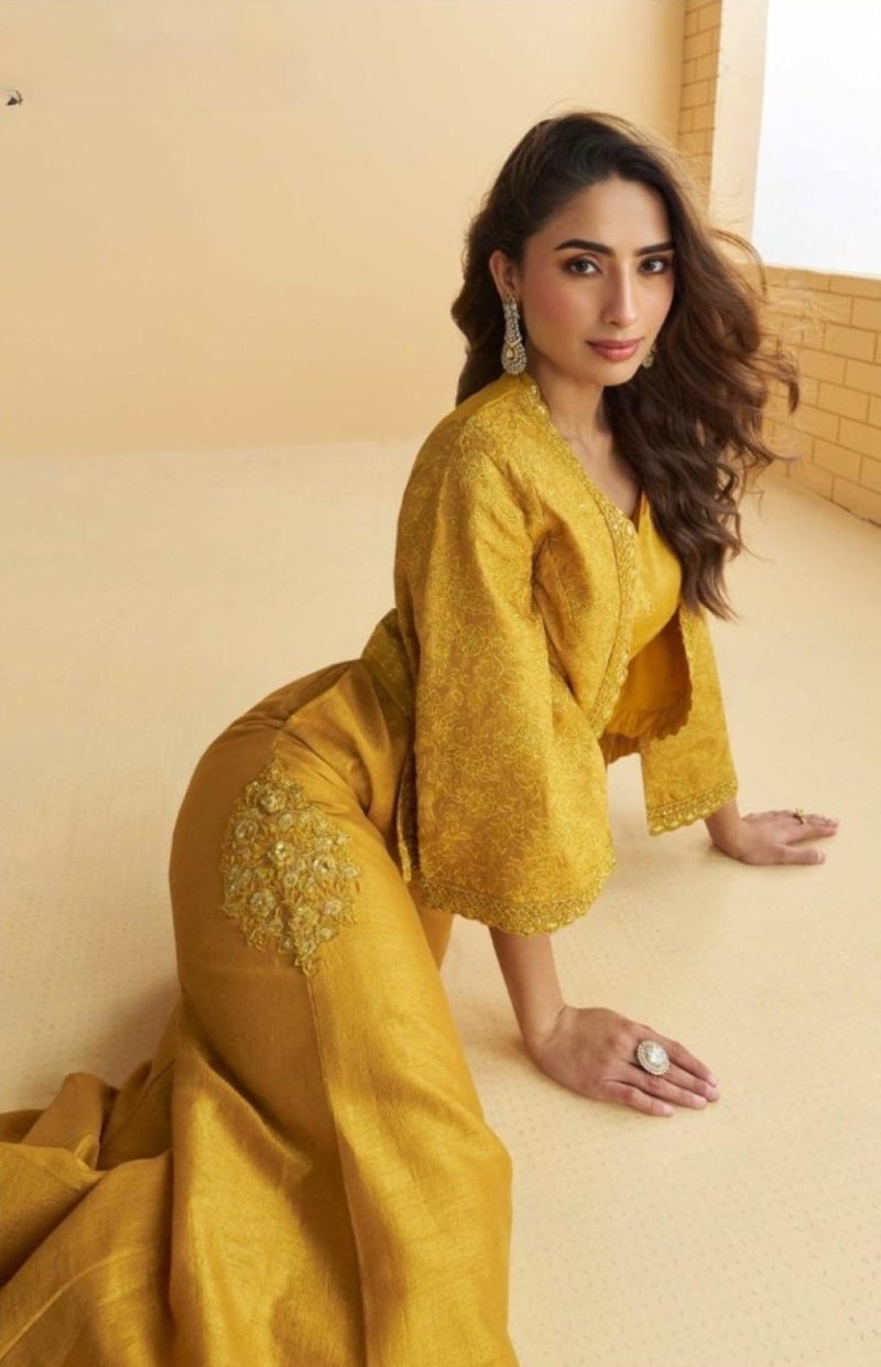 ANAITA Mustard Silk Free Size Stitched Suit with Embroidery Work - Image 2