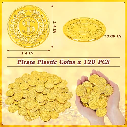 Fullive 120 PCS Gold Coins, 1.4 in Plastic Gold Coins, 0.08 in Thick Fake Coins Pirate Coins Tokens Play Coins for Kids, Pirate Treasure Classroom Reward Adventure Theme Party Supplies for Pirate Party - Image 2