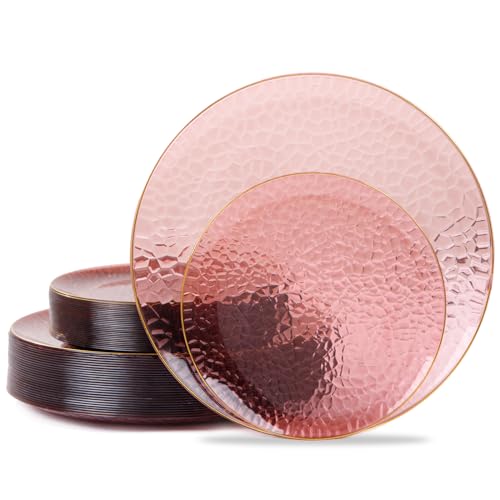 Hioasis 60pcs Burgundy Plastic Plates - Gold Rimmed Disposable, Hammered, Heavy-duty Dinnerware Set Suitable for 30 Guests, 10.25" Dinner & 7.5" Dessert Plates for Party & Wedding - Image 1