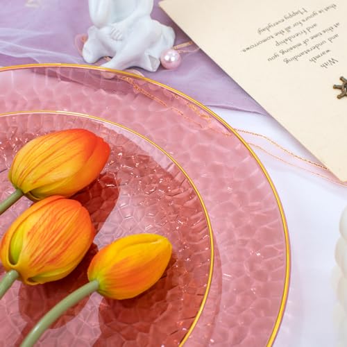 Hioasis 60pcs Burgundy Plastic Plates - Gold Rimmed Disposable, Hammered, Heavy-duty Dinnerware Set Suitable for 30 Guests, 10.25" Dinner & 7.5" Dessert Plates for Party & Wedding - Image 5