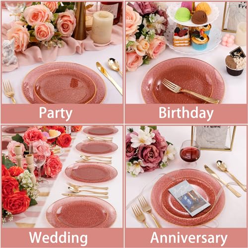 Hioasis 60pcs Burgundy Plastic Plates - Gold Rimmed Disposable, Hammered, Heavy-duty Dinnerware Set Suitable for 30 Guests, 10.25" Dinner & 7.5" Dessert Plates for Party & Wedding - Image 4