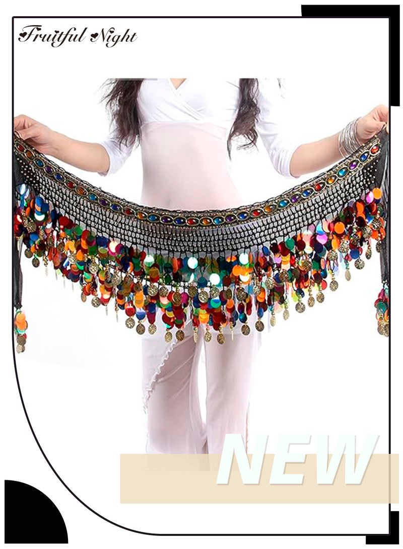 Women‘s Belly Dance Hip Scarf, Sweet Belly Dance Skirt Wrap Performance Bling Sequins Coins, Belly Dance Costume  - Image 1