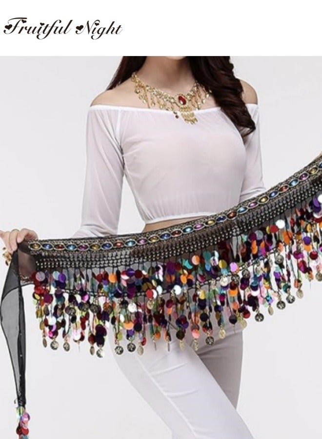 Women‘s Belly Dance Hip Scarf, Sweet Belly Dance Skirt Wrap Performance Bling Sequins Coins, Belly Dance Costume  - Image 3