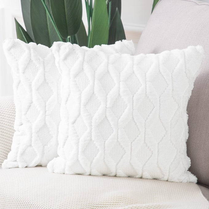 SET OF 2 SOFT PLUSH SHORT WOOL VELVET DECORATIVE THROW PILLOW COVERS 16X16 INCH WHITE SQUARE LUXURY STYLE CUSHION CASES PILLOW SHELL FOR SOFA BEDROOM
