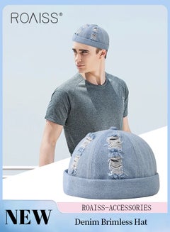 roaiss Men's Denim Beanie Hat, Spring and Summer Ripped Street Hip-hop Washed Landowner Cap, Adjustable Doceker Cap (Light Blue, One Size)  - Image 1