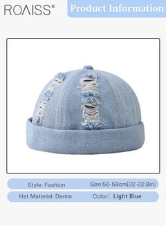 roaiss Men's Denim Beanie Hat, Spring and Summer Ripped Street Hip-hop Washed Landowner Cap, Adjustable Doceker Cap (Light Blue, One Size)  - Image 3