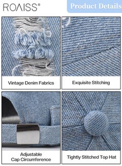 roaiss Men's Denim Beanie Hat, Spring and Summer Ripped Street Hip-hop Washed Landowner Cap, Adjustable Doceker Cap (Light Blue, One Size)  - Image 5