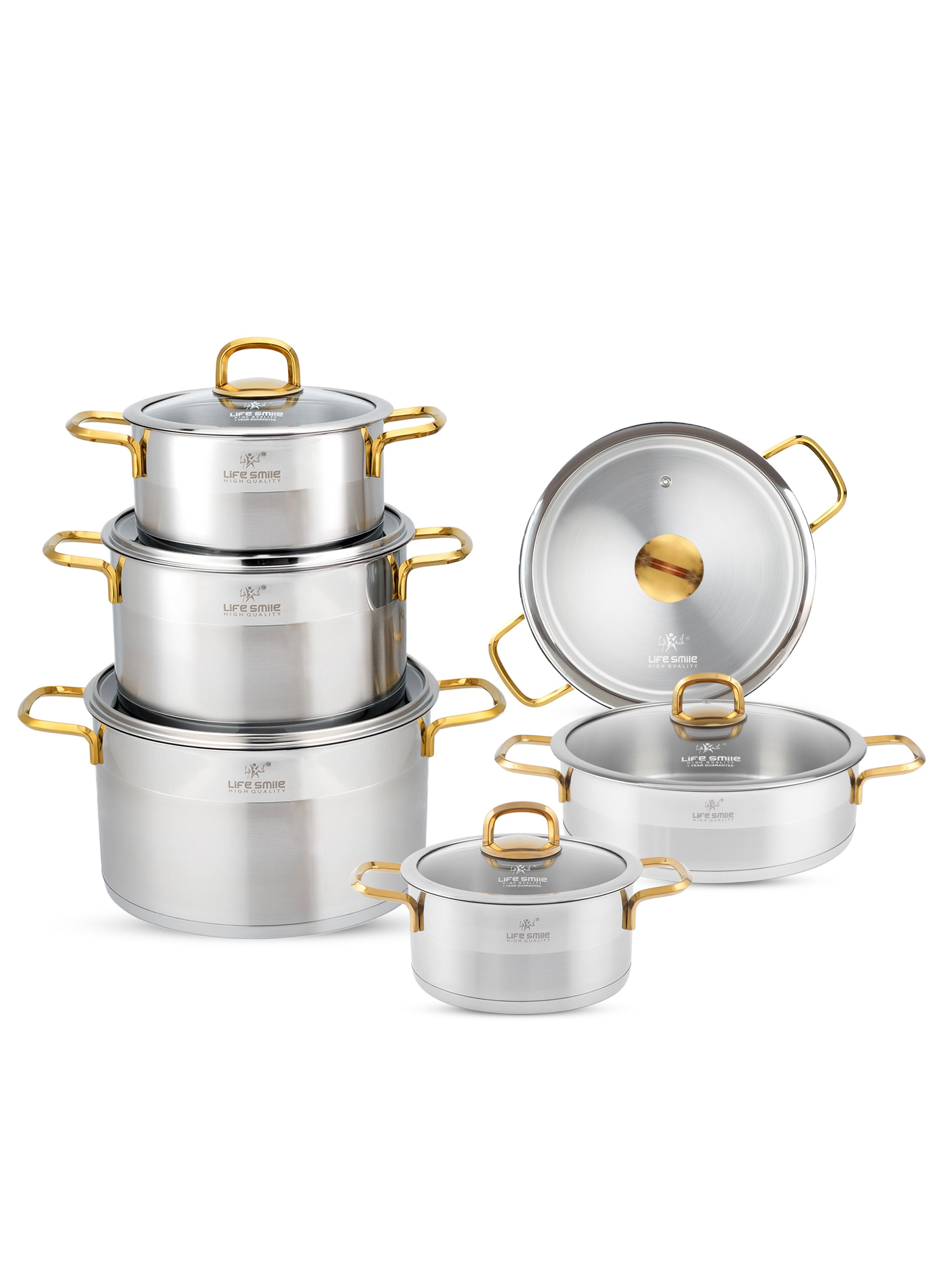 Life Smile Cookware Set 12 Pieces - Pure 18/10 Stainless Steel Cooking Set - Induction Base Pots and Pans Set - Non-Toxic, 100% PFOA, PTFE & PFOS Free - Oven Safe Kitchen Cookware Sets (Gold) 