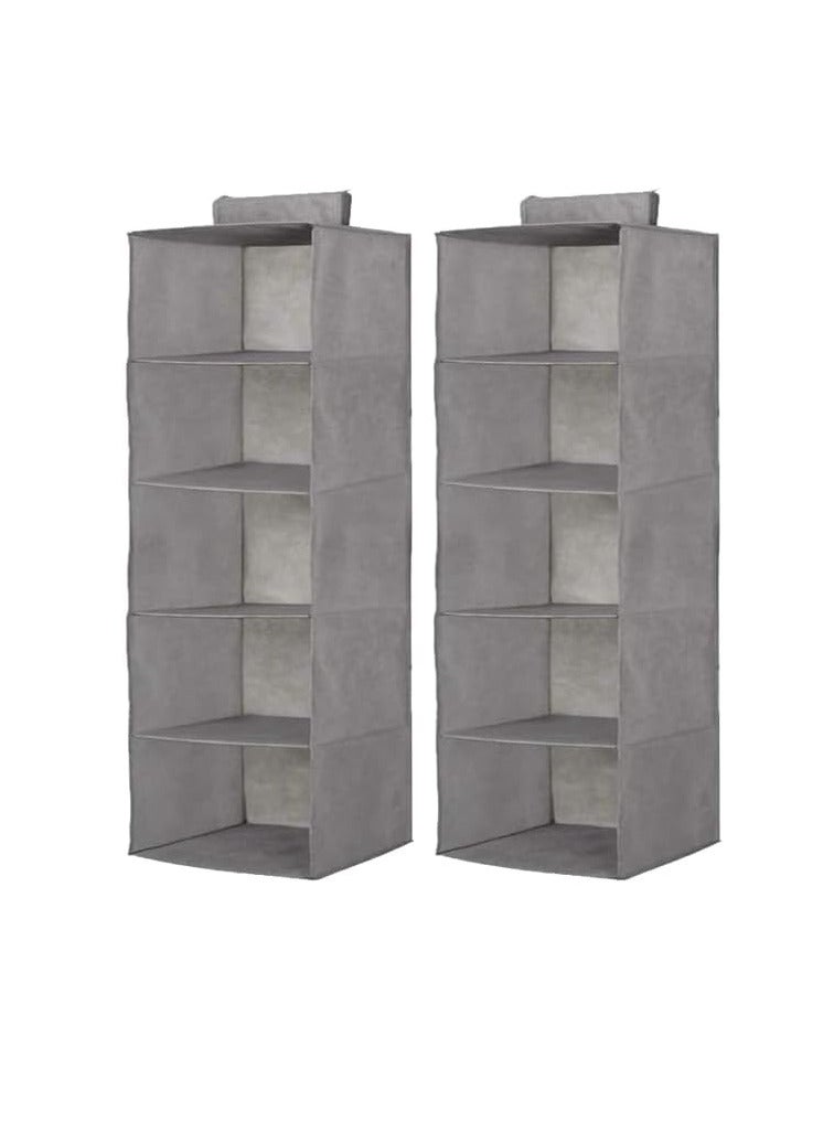 منظم خزانة معلق بخمسة رفوف، تخزين خزانة قابل للطي مع حزام تثبيت سهل، رف ملابس وأحذية موفر للمساحة، رمادي، 30×30×100 سم - قطعة واحدة - Image 1