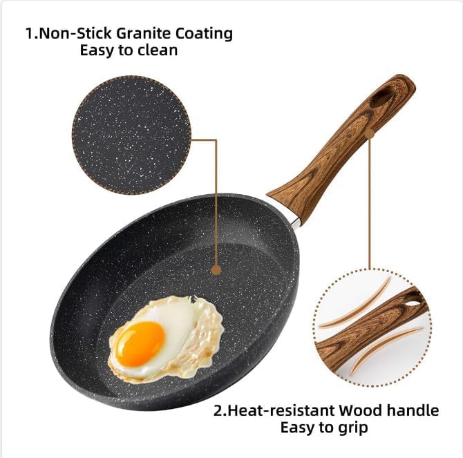 Touchcart Aluminum Alloy Non-Stick Frying Pan - Marble Finish, Induction Compatible, Dishwasher Safe, CD Bottom, Bakelite Wood Handle - Professional Cookware for Healthy Cooking (22CM) (Black) - Image 5