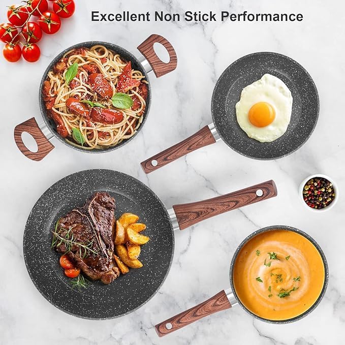 Touchcart Aluminum Alloy Non-Stick Frying Pan - Marble Finish, Induction Compatible, Dishwasher Safe, CD Bottom, Bakelite Wood Handle - Professional Cookware for Healthy Cooking (22CM) (Black) - Image 3