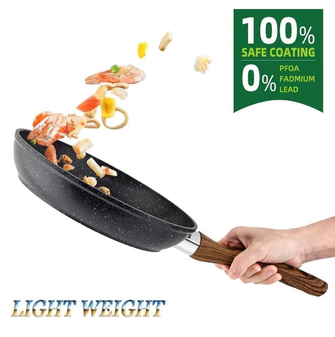 Touchcart Aluminum Alloy Non-Stick Frying Pan - Marble Finish, Induction Compatible, Dishwasher Safe, CD Bottom, Bakelite Wood Handle - Professional Cookware for Healthy Cooking (22CM) (Black) - Image 4