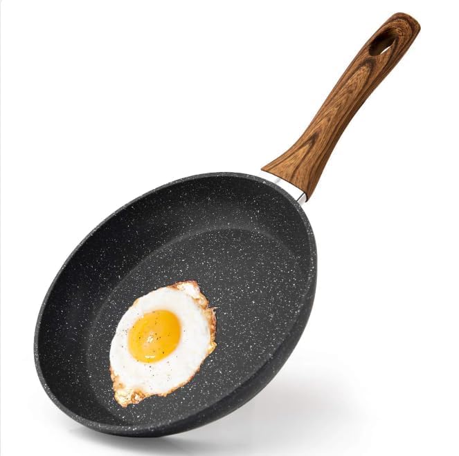 Touchcart Aluminum Alloy Non-Stick Frying Pan - Marble Finish, Induction Compatible, Dishwasher Safe, CD Bottom, Bakelite Wood Handle - Professional Cookware for Healthy Cooking (22CM) (Black) - Image 1
