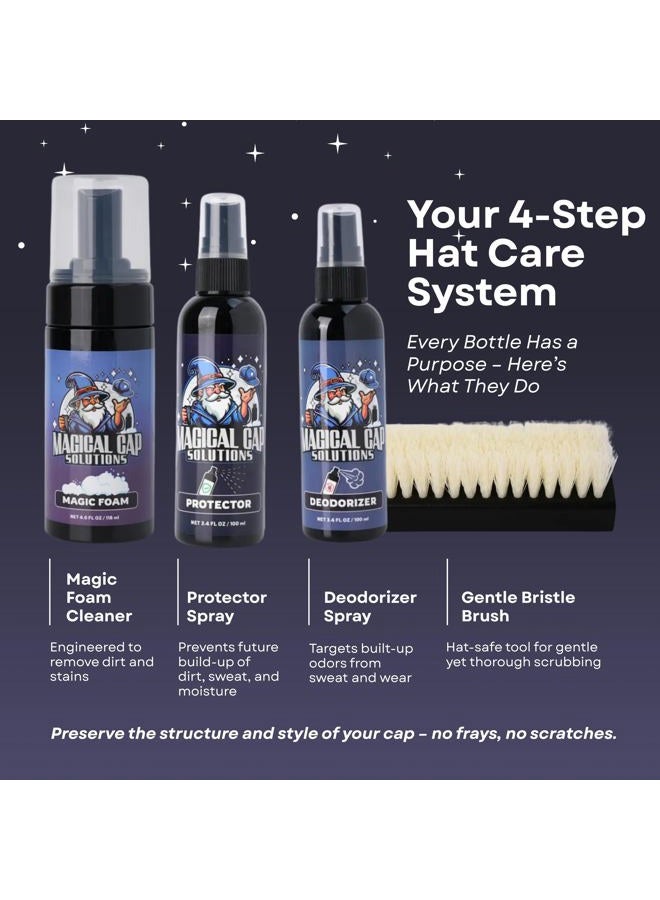 MAGICAL CAP SOLUTIONS Hat Cleaning Kit – 4-Step Headwear Cleaner with Foam, Brush, Deodorizer & Protector – Safe for Baseball Caps, Snapbacks & All Types of Fabrics - Image 3